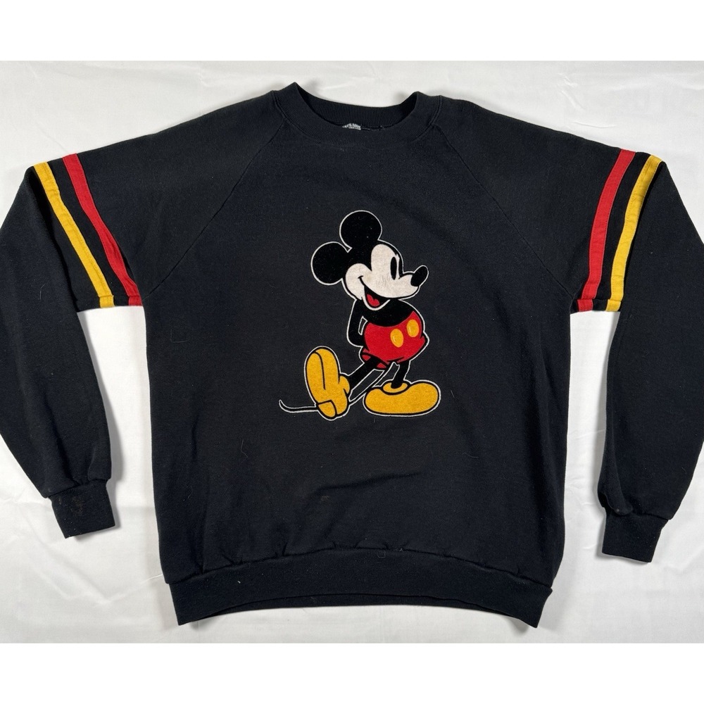Disney Vintage Mickey Mouse Sweatshirt 80s 90s Crewneck Striped Sleeve USA Sz M